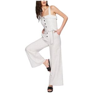 1.STATE Striped Linen Blend Jumpsuit Wide Leg Button Front Square Neck Size 6